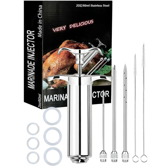 2 oz Stainless Steel Meat Injector | BBQ Kit with 3 Marinade Needles