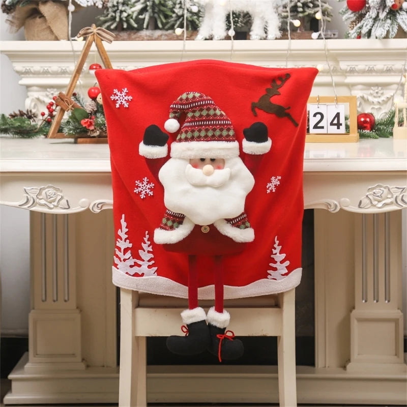 Christmas Chair Cover with Santa, Snowman, and Reindeer Pattern – Soft and Washable Festive Decoration for Holidays