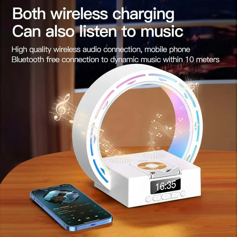 4-in-1 Bluetooth Speaker with Charging Pad, Alarm Clock & Bedside Lamp
