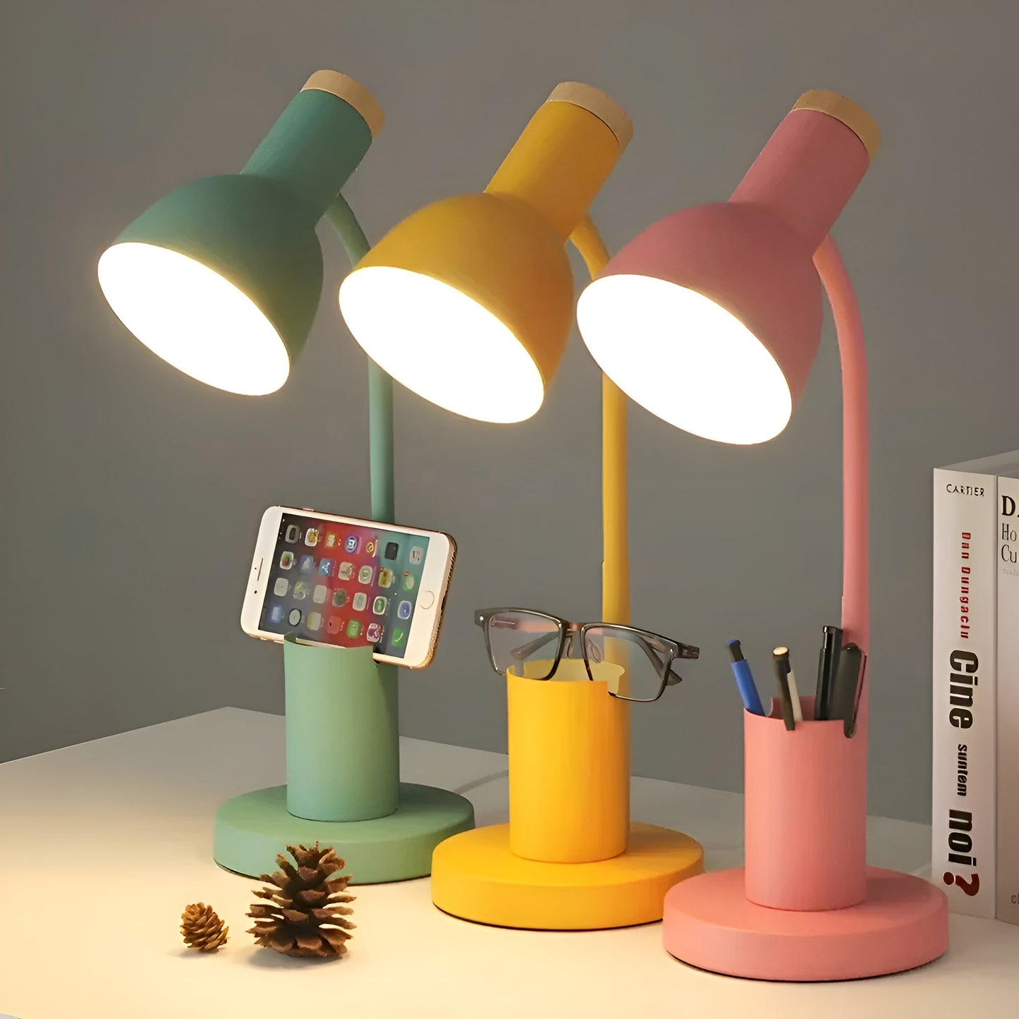 LED Desk Lamp with Pen Holder | 3 Color Lighting Options | Iron and Marble Design