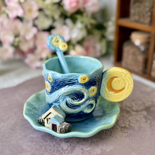 Ceramic Cup and Saucer Set – Hand-painted 3D Van Gogh Inspired Art