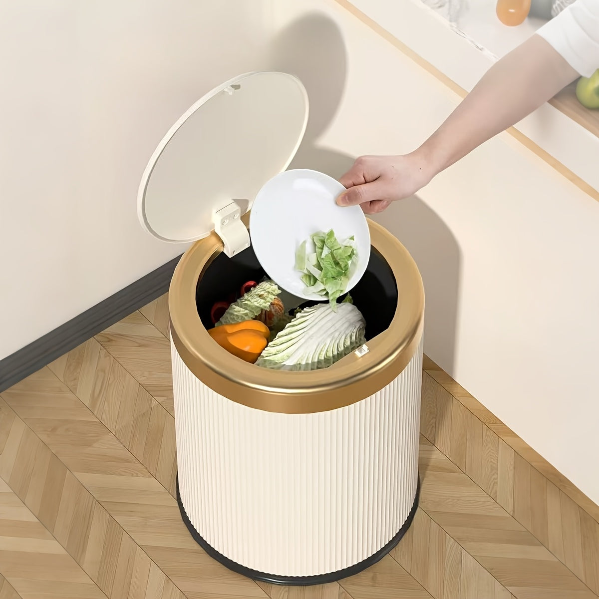 Oval Waste Bin with Gold Lid - Press Top Bathroom Trash Can