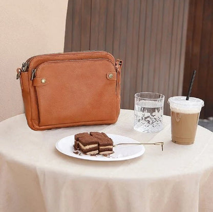 Three-Tiered Leather Crossbody and Clutch Bag in Vintage Style