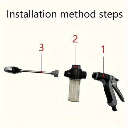 High-Pressure Garden Hose Nozzle with Foam Cannon and Extended Handle