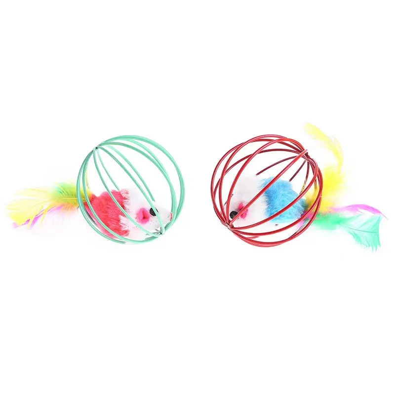 Cat Play Ball with Plush Mouse in Cage | Fun Toy for Energetic Indoor Cats | Random Color Ø 6 cm