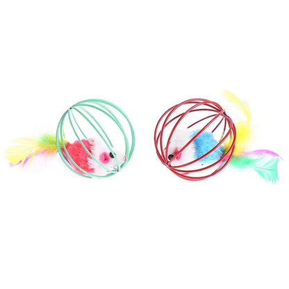Cat Play Ball with Plush Mouse in Cage | Fun Toy for Energetic Indoor Cats | Random Color Ø 6 cm