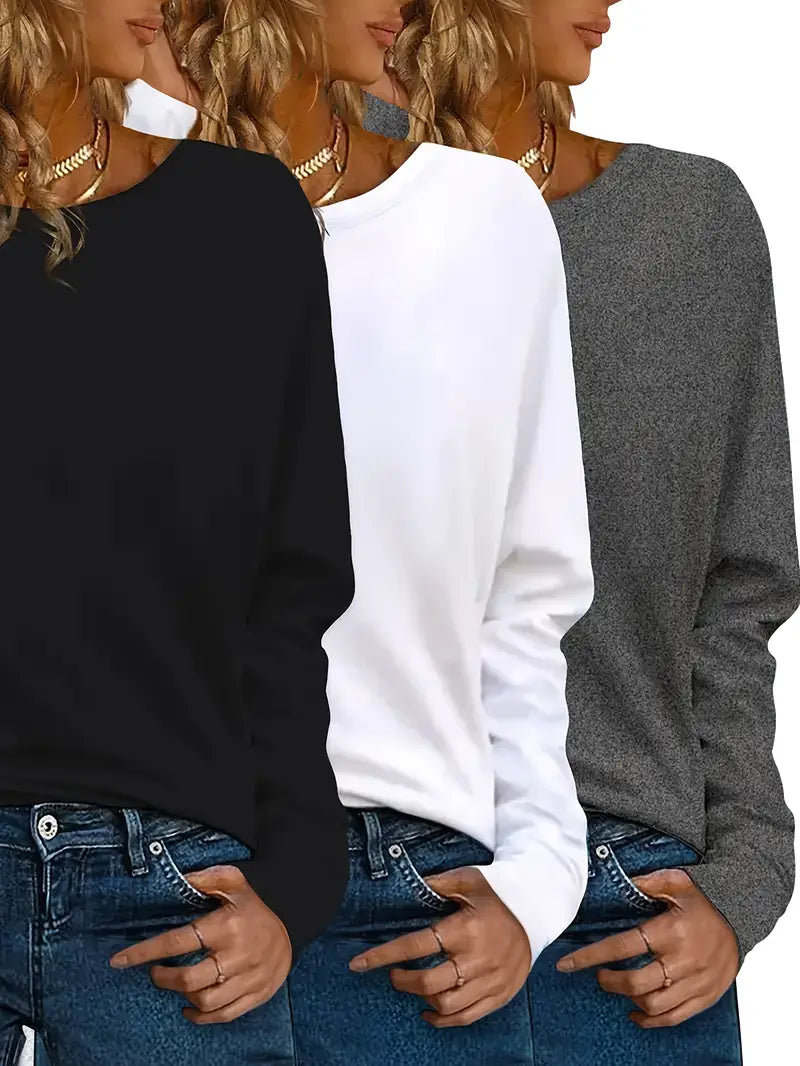 3-Piece Long Sleeve Casual T-Shirt Set, Solid Color, Knit Polyester, Regular Fit for Spring and Autumn