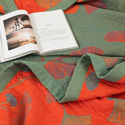 Reversible Cotton Blanket with Orange Ginkgo Leaf Design