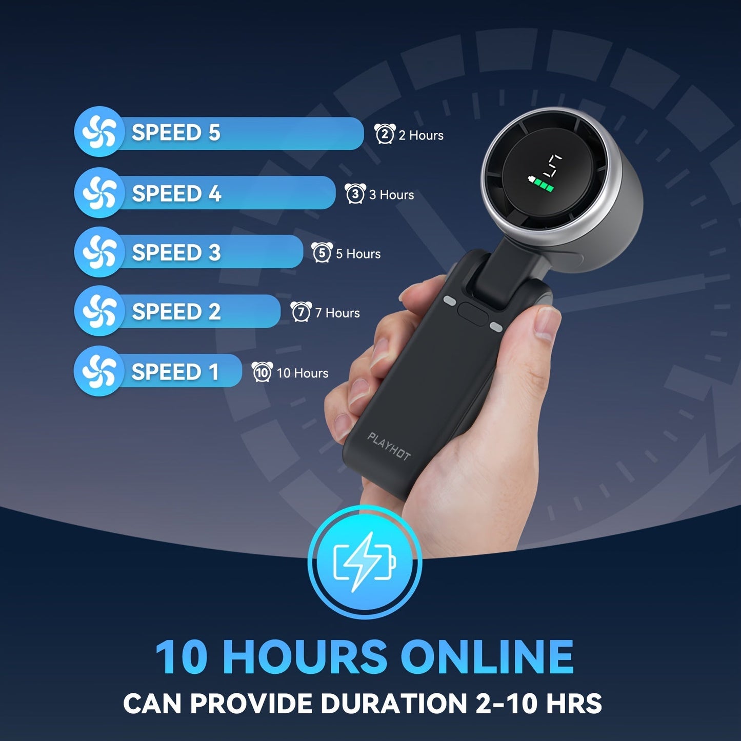 Battery-Powered Handheld Fan with LED Light - 5-Speed 12-Hour Cooling