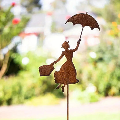 Metal Garden Sculpture of Woman with Umbrella | Weatherproof Outdoor Décor