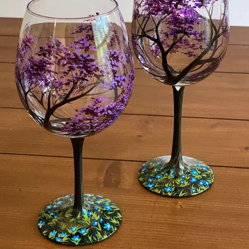 Hand-Painted Art Wine Glasses - Tree of the Four Seasons