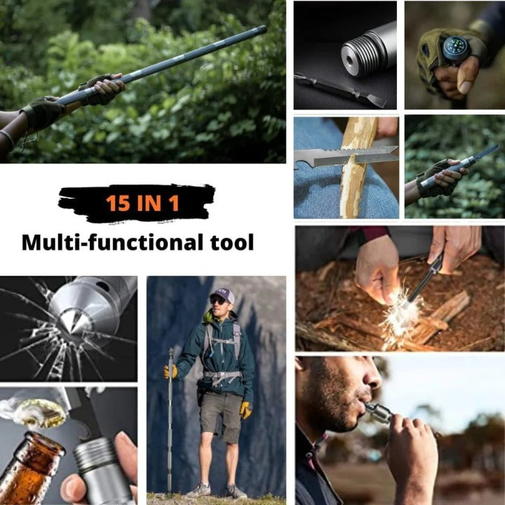 Aluminum Trekking Pole with Survival Tools | Adjustable Up to 106 cm | Shock-Absorbing Tip | Includes Camouflage Carry Bag