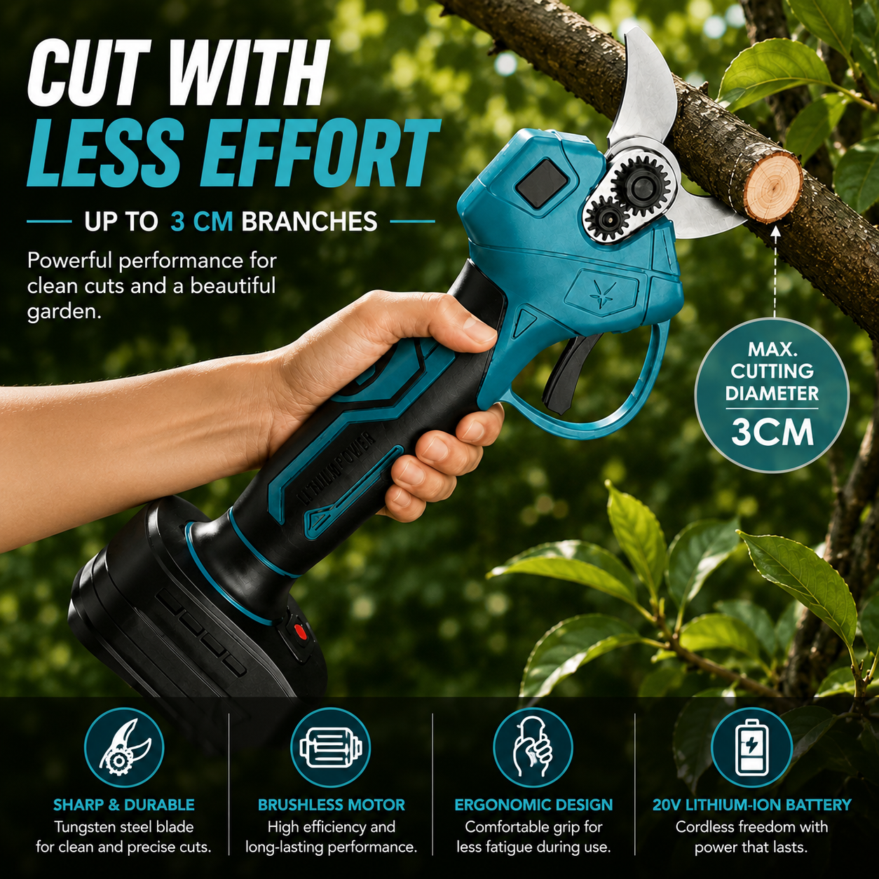 20V Cordless Pruning Shears | Brushless Motor & 3 cm Cutting Capacity