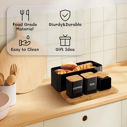 Bamboo Lid Kitchen Storage Set with Canisters for Tea, Coffee, and Sugar