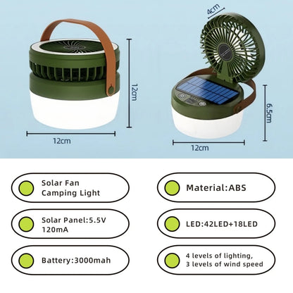 Solar-Powered Camping Light with Fan | Portable Tent Lantern with 3 Speeds