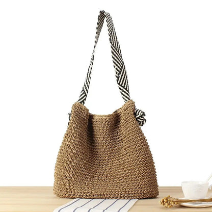 Large Woven Straw Tote Bag with Knot Shoulder Design