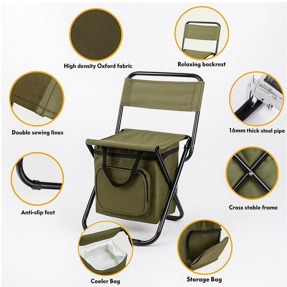 Folding Camping Chair with Backrest and Cooler Bag for Outdoor Use