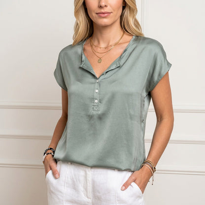 Silky Look Blouse with V-Neck and Short Sleeves