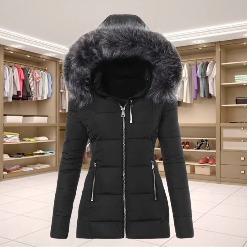 Elegant Coat with Long Sleeves and Fur Collar