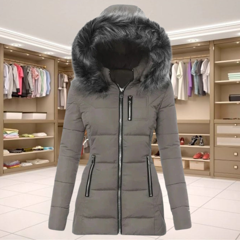 Elegant Coat with Long Sleeves and Fur Collar