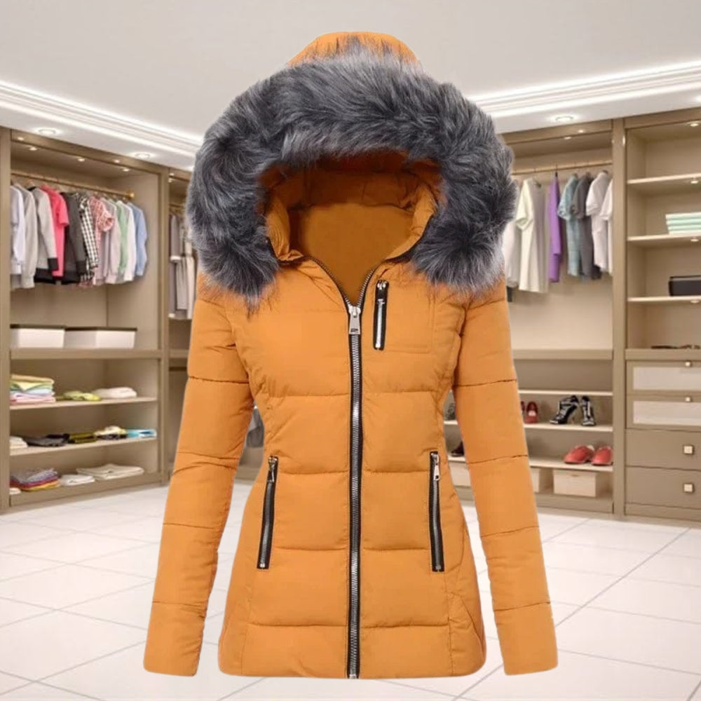 Elegant Coat with Long Sleeves and Fur Collar