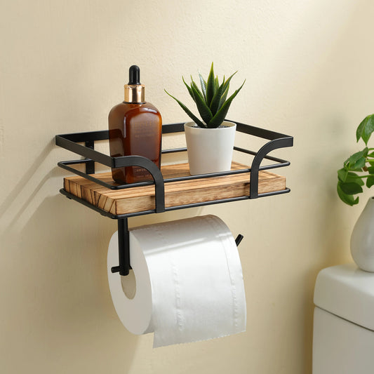 Bathroom Wall Shelf with Toilet Paper Holder – Wood & Metal