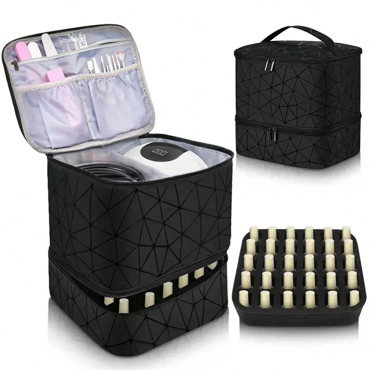 Portable Cosmetic Bag for Women | Double-Tier Nail Polish Holder | Travel Case