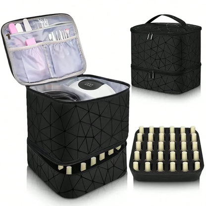 Portable Cosmetic Bag for Women | Double-Tier Nail Polish Holder | Travel Case