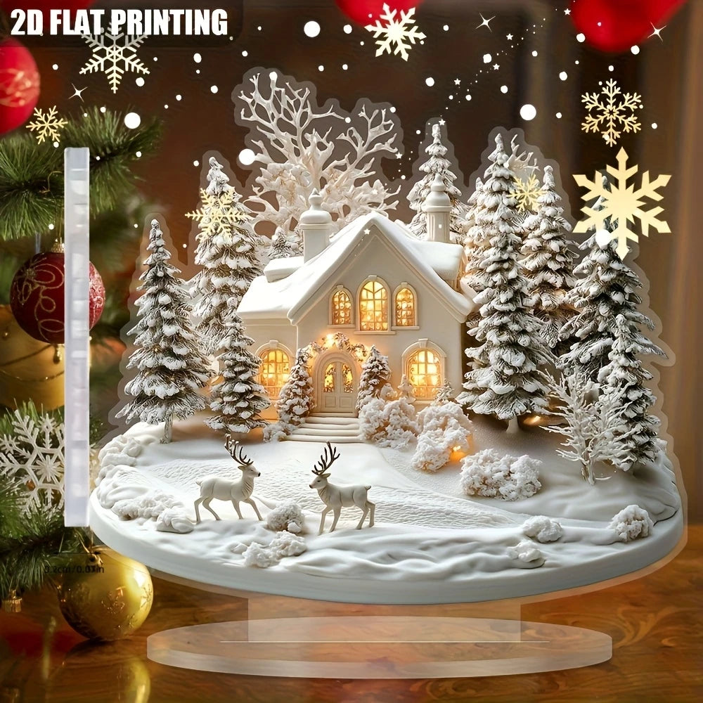 Acrylic Christmas Ornament - Snow Village with Reindeer Scene - Flat 2D Design