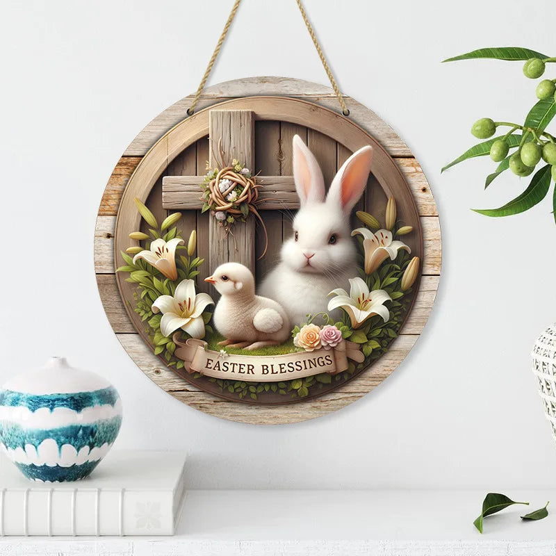 Spring Wooden Door Decoration - Rustic Bunny Wall Sign