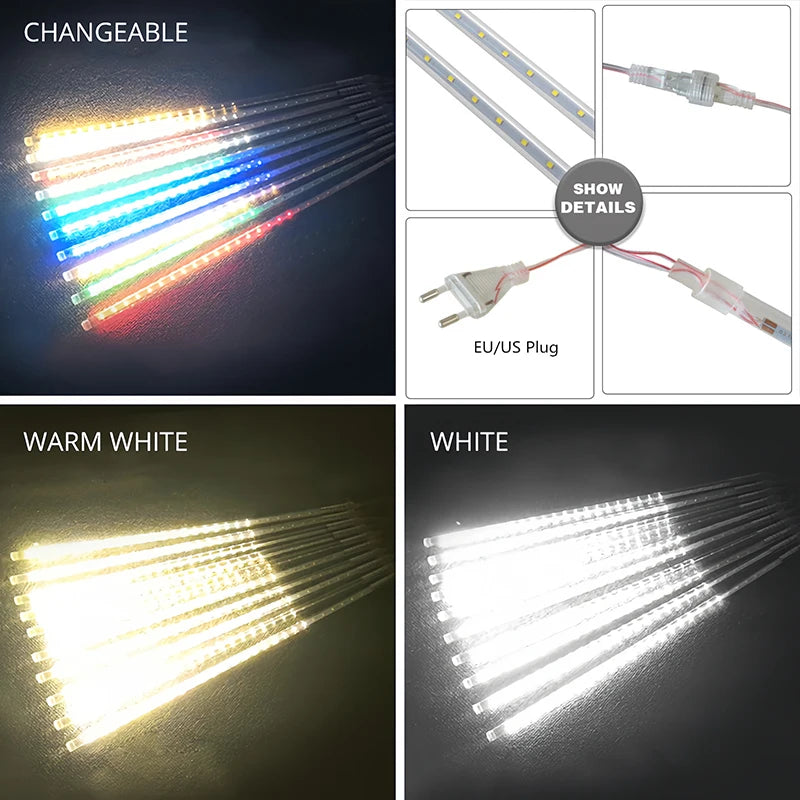 LED Meteor Shower String Lights with EU Plug | 8 Tubes | 30 cm / 50 cm Length | Warm White or Cool White | Perfect for Outdoor & Holiday Decor