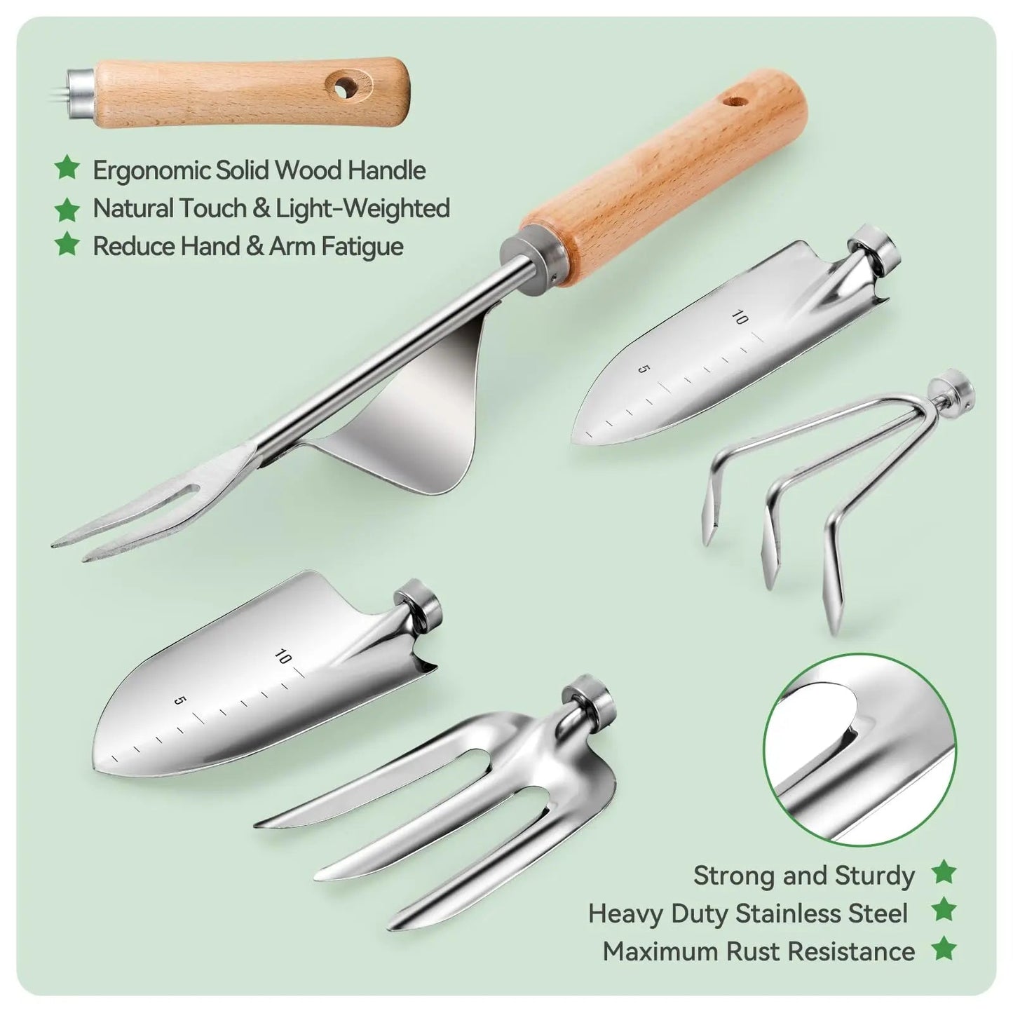 9-Piece Garden Tool Set with Stainless Steel Blades and Wooden Handles, Includes Storage Bag