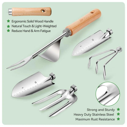 9-Piece Garden Tool Set with Stainless Steel Blades and Wooden Handles, Includes Storage Bag