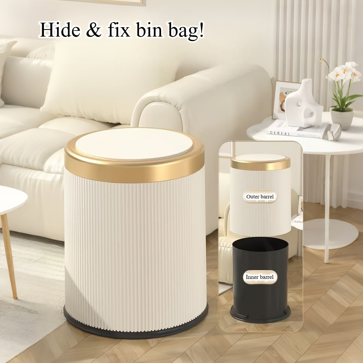 Oval Waste Bin with Gold Lid - Press Top Bathroom Trash Can