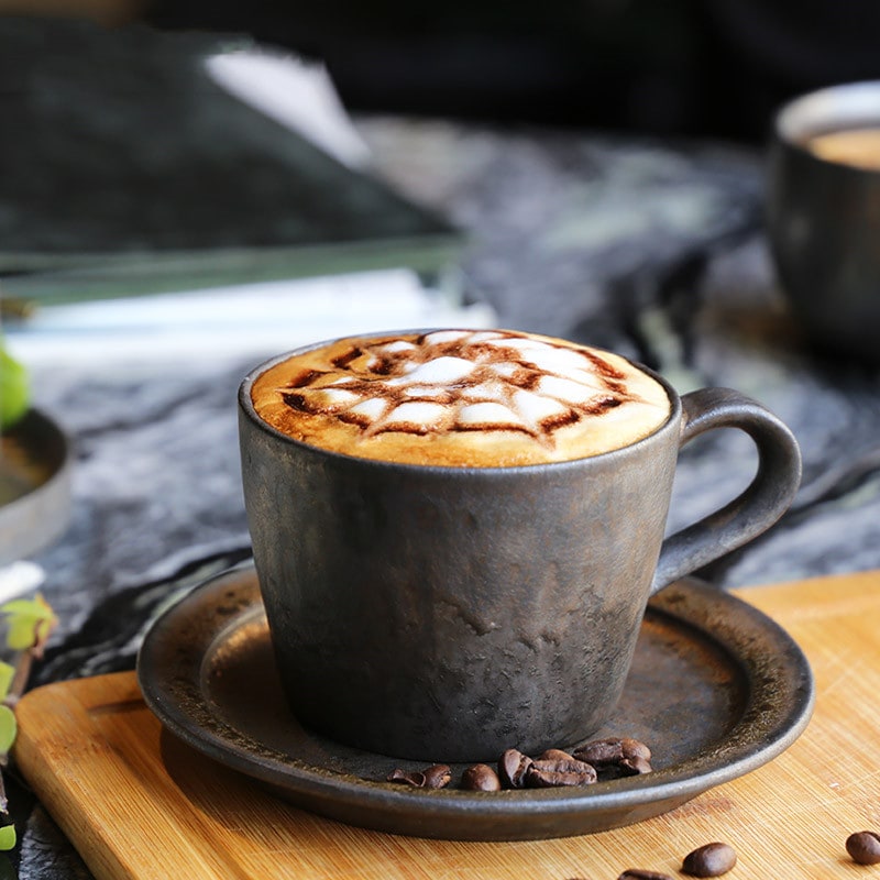 Artisan Stoneware Iced Coffee Mug with Matching Saucer