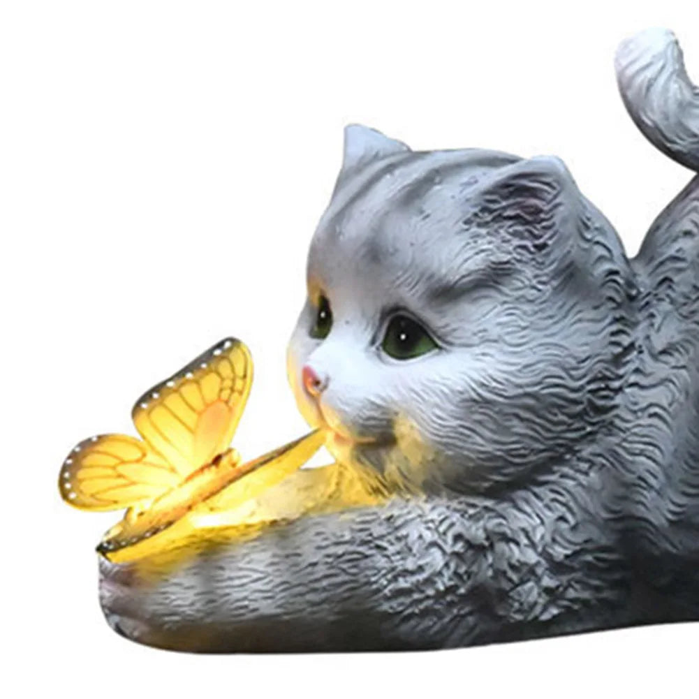 Solar Cat Figurine with Butterfly Design – Waterproof Garden Ornament