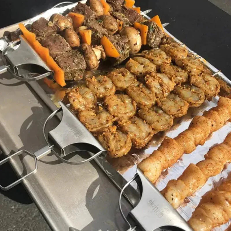 Stainless Steel Skewers with 9 Prongs – GrillMaster Trio for Perfectly Cooked Meat, Seafood & Vegetables | Dishwasher Safe | Includes Oxford Carry Bag