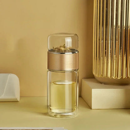 Double-Walled Borosilicate Glass Tea Infuser Tumbler with Stainless Steel Filter – 14oz Leakproof Travel Bottle with Sleeve for Hot and Cold Beverages