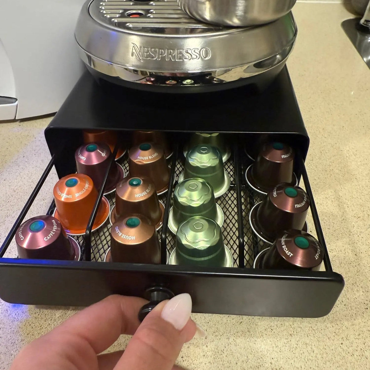 Under-Machine Coffee Pod Organizer for 40 Nespresso Original Capsules - Steel Frame, Mesh Base & Non-Slip Pads