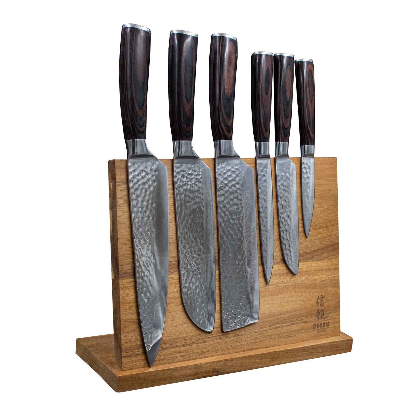 6-Piece Knife Set in Hammered Stainless Steel with Acacia Magnetic Rack