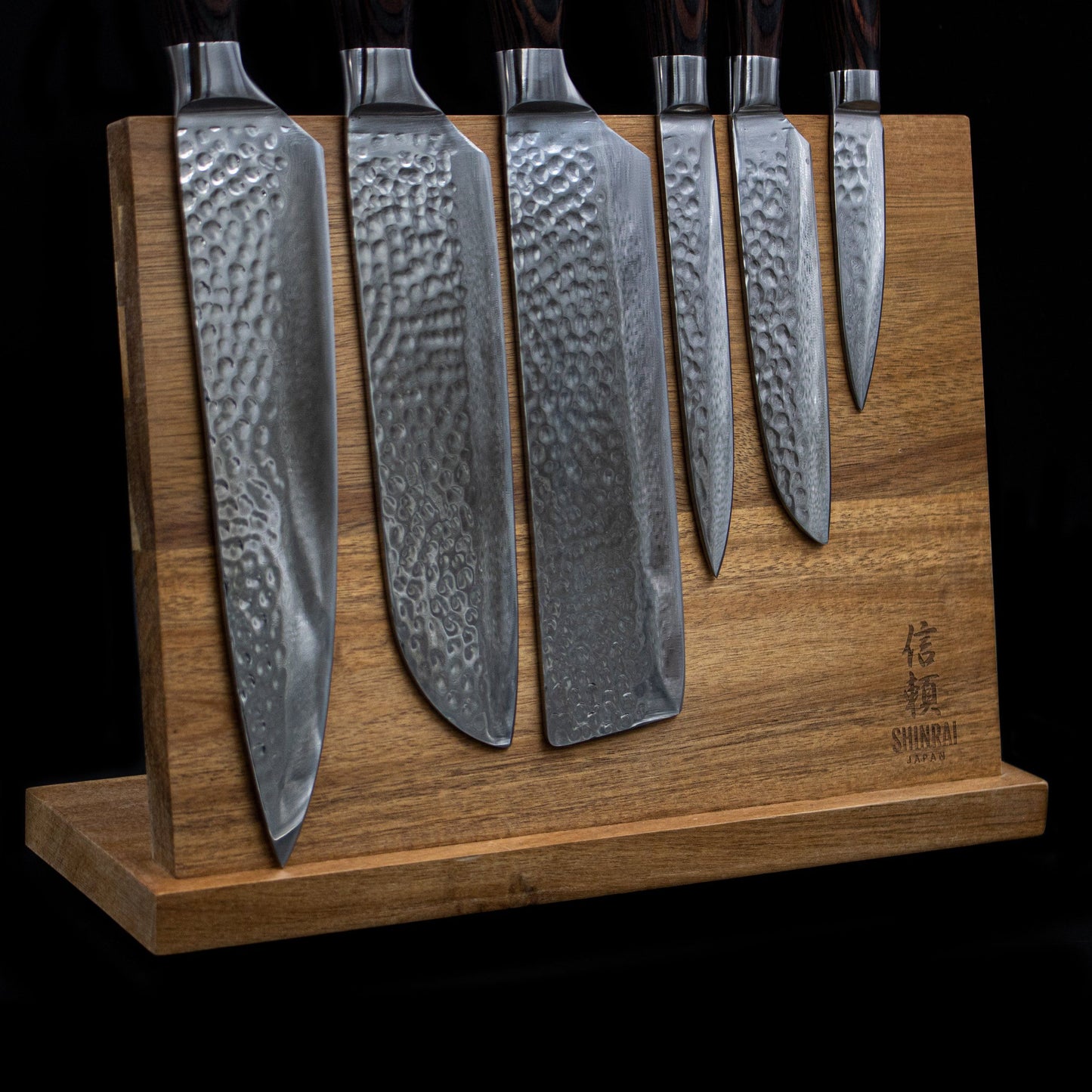 6-Piece Knife Set in Hammered Stainless Steel with Acacia Magnetic Rack
