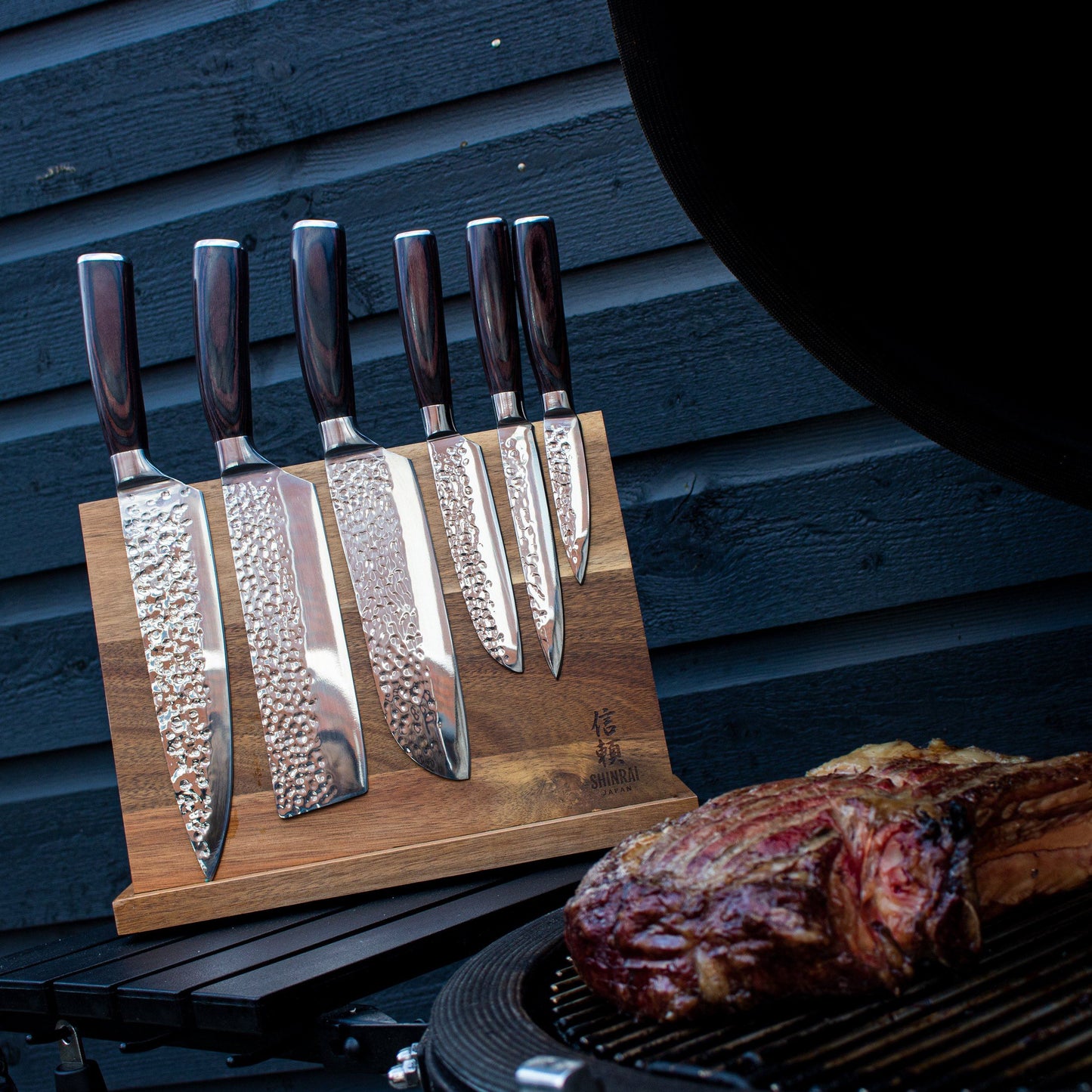 6-Piece Knife Set in Hammered Stainless Steel with Acacia Magnetic Rack
