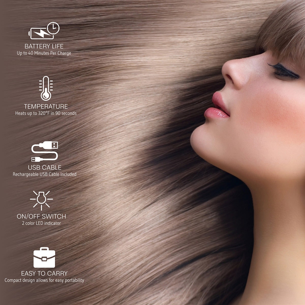 Portable Wireless Hair Smoother with Ceramic Plates - USB Rechargeable