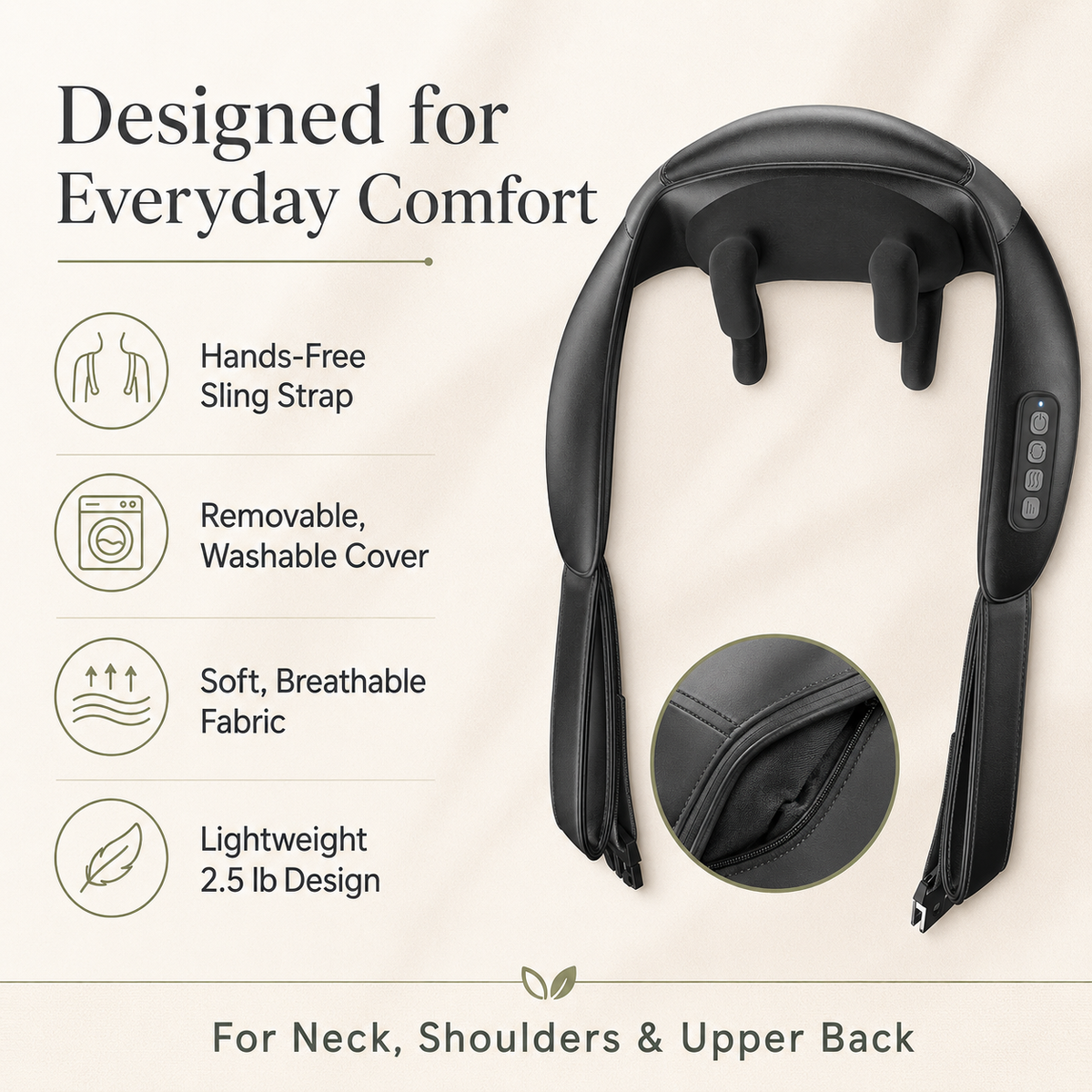 Shiatsu Neck and Shoulder Massager – Cordless with Heat, 6 Nodes, 2 Speeds, 2 Heat Settings, Hands-Free Strap, 90-Minute Use
