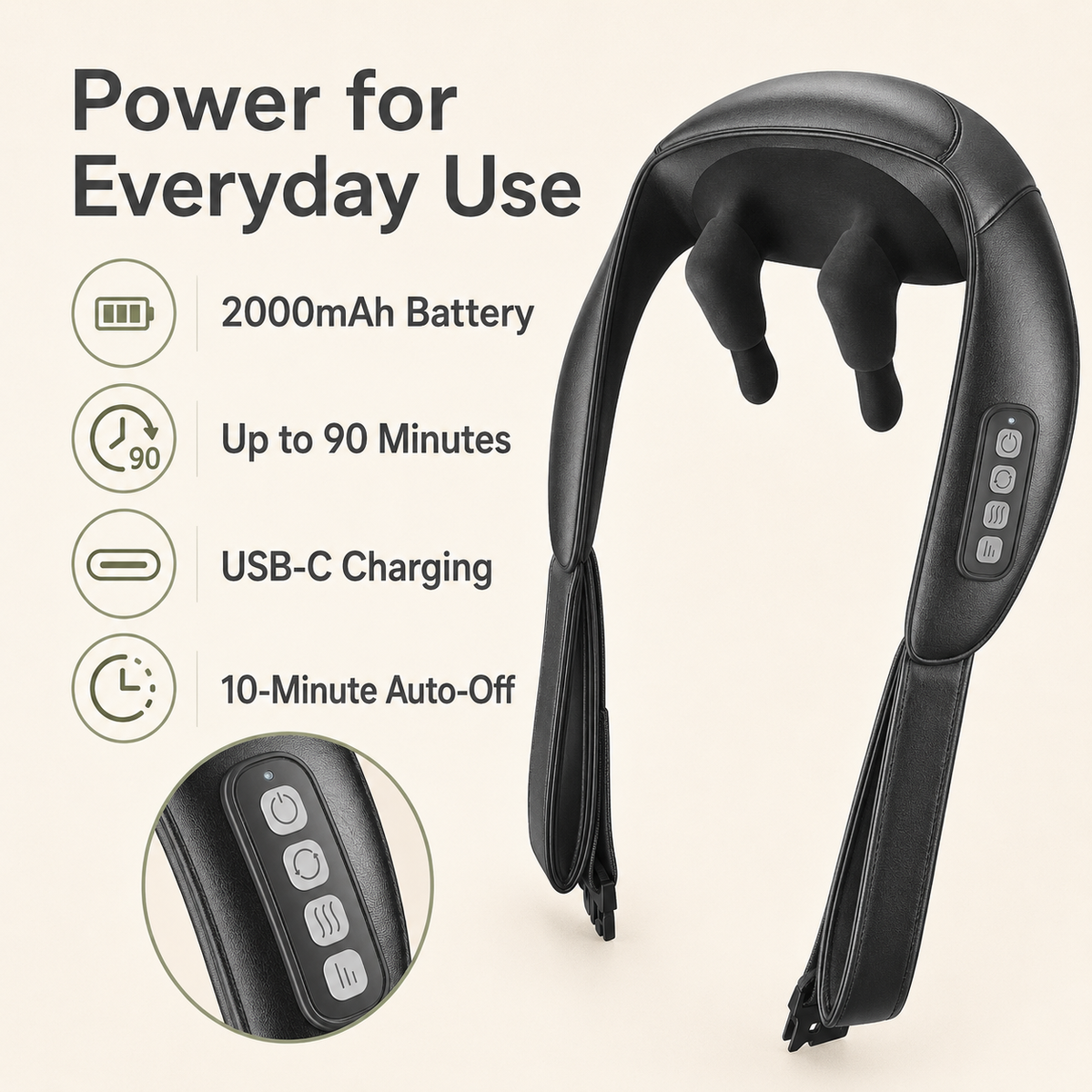 Shiatsu Neck and Shoulder Massager – Cordless with Heat, 6 Nodes, 2 Speeds, 2 Heat Settings, Hands-Free Strap, 90-Minute Use