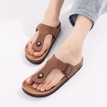 Adjustable Buckle Open-Toe Flats for Women - Cork Sandals