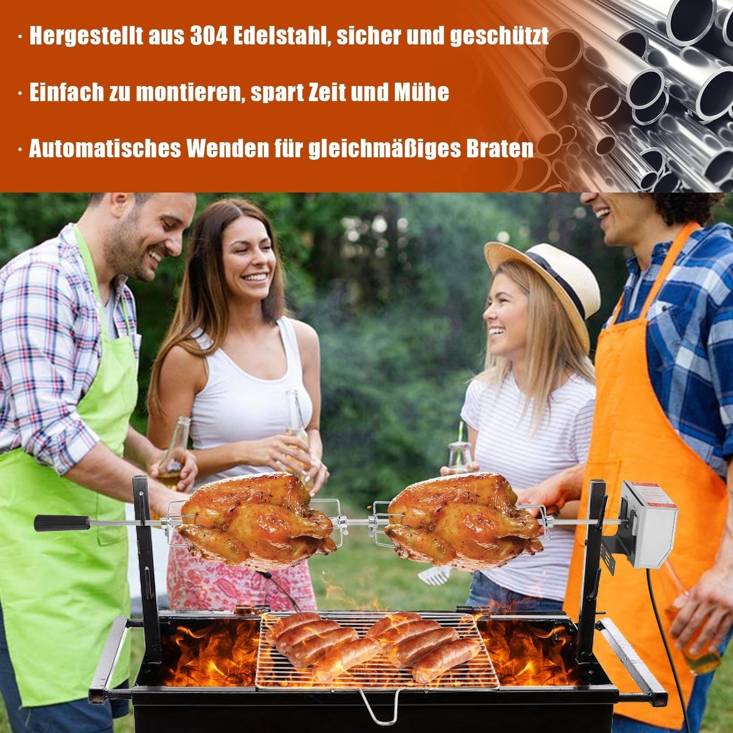 Stainless Steel Skewers for BBQ Grilling - 4 Meat Needles with Motor