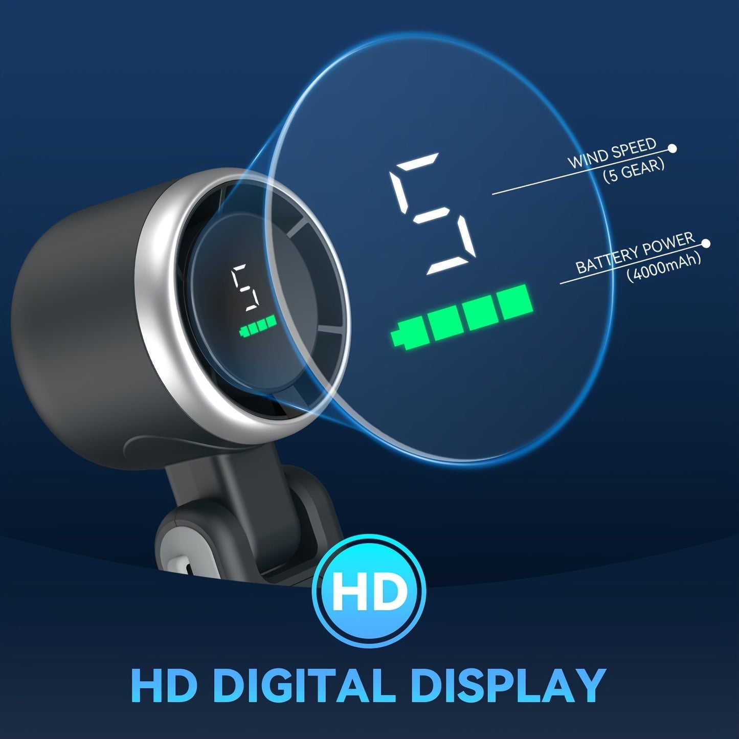 Battery-Powered Handheld Fan with LED Light - 5-Speed 12-Hour Cooling