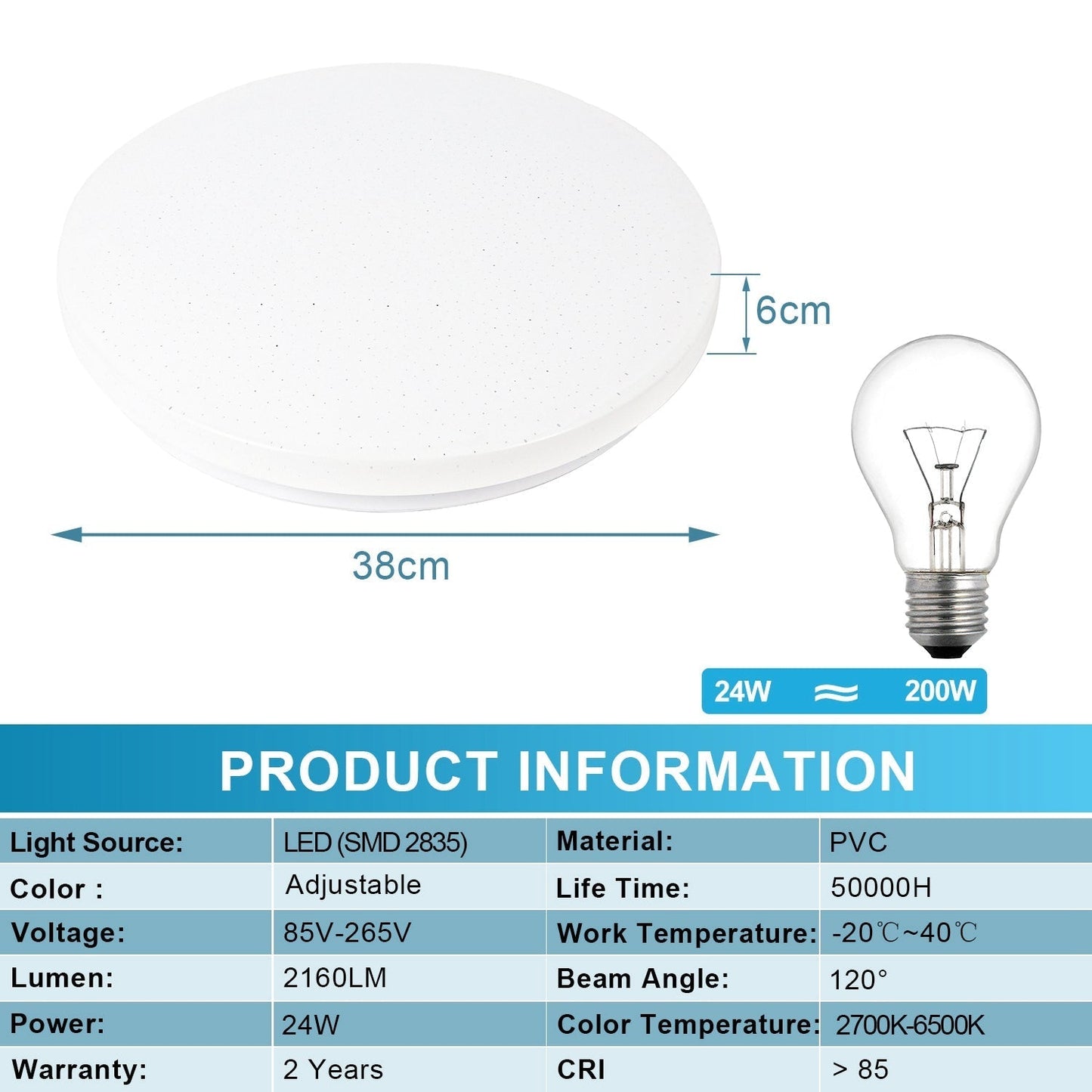 Dimmable 24W LED Ceiling Fixture with Starry Sky Design