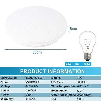 Dimmable 24W LED Ceiling Fixture with Starry Sky Design